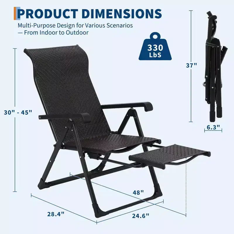 Sedia a sdraio pieghevole in rattan da esterno, sedia a sdraio portatile da esterno, poggiapiedi esterno reversibile, rattan PE, 150 kg, adatta per giardino, balcone