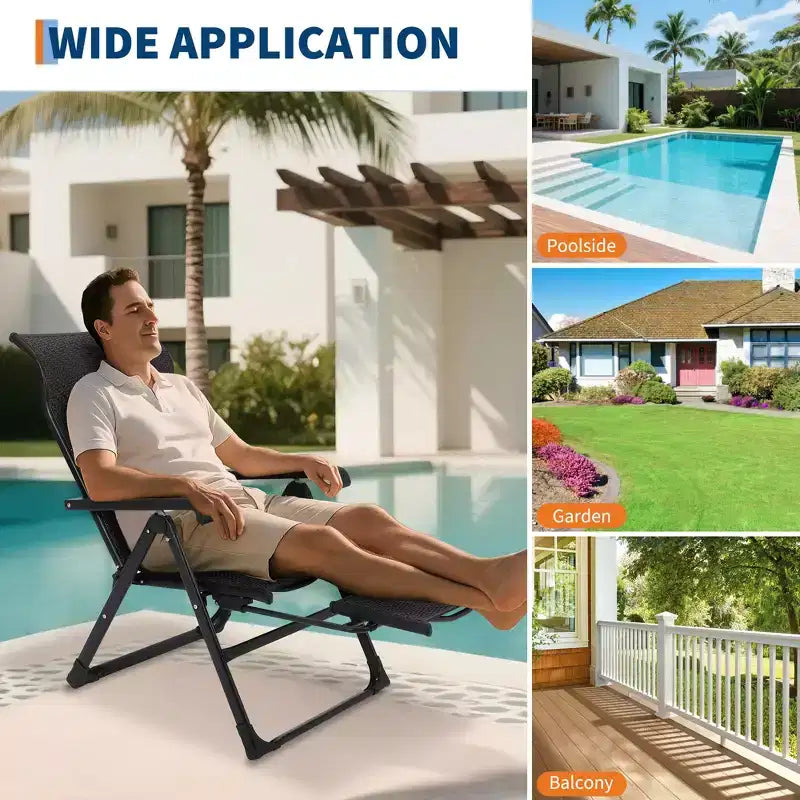Sedia a sdraio pieghevole in rattan da esterno, sedia a sdraio portatile da esterno, poggiapiedi esterno reversibile, rattan PE, 150 kg, adatta per giardino, balcone