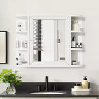 PexFix 31.5 x 23.6 Wooden Bathroom Medicine Cabinet with Mirror Wall Mirror Storage Cabinet with Doors and 6 Open Shelves for Over Sink White