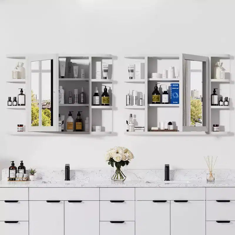 Mobiletto da bagno in legno con specchio 31,5 x 23,6, armadietto a muro con ante e 6 ripiani a giorno per lavabo, colore bianco