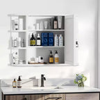 Mobiletto da bagno in legno con specchio 31,5 x 23,6, armadietto a muro con ante e 6 ripiani a giorno per lavabo, colore bianco