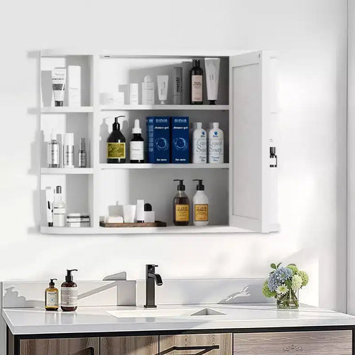 Mobiletto da bagno in legno con specchio 31,5 x 23,6, armadietto a muro con ante e 6 ripiani a giorno per lavabo, colore bianco