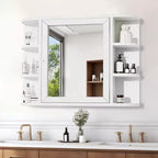 Mobiletto da bagno in legno con specchio 31,5 x 23,6, armadietto a muro con ante e 6 ripiani a giorno per lavabo, colore bianco