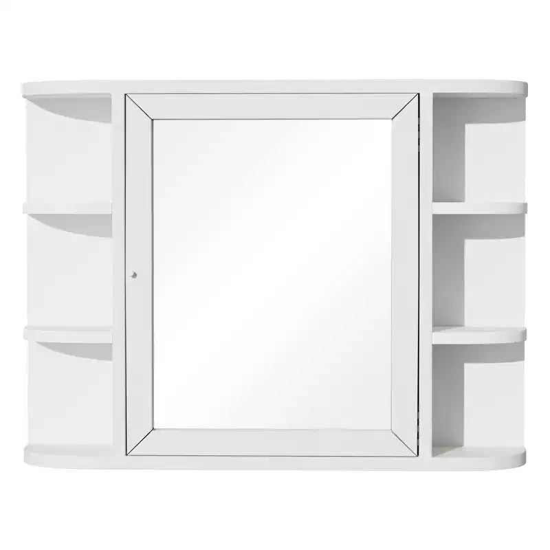 Mobiletto da bagno in legno con specchio 31,5 x 23,6, armadietto a muro con ante e 6 ripiani a giorno per lavabo, colore bianco