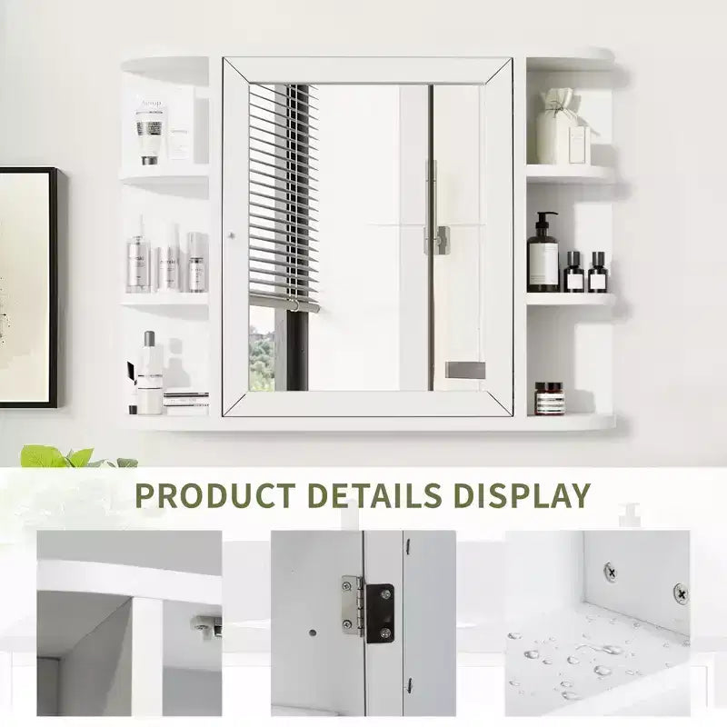 Mobiletto da bagno in legno con specchio 31,5 x 23,6, armadietto a muro con ante e 6 ripiani a giorno per lavabo, colore bianco