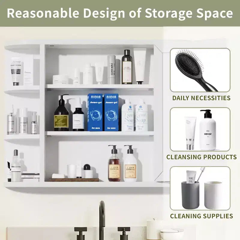 Mobiletto da bagno in legno con specchio 31,5 x 23,6, armadietto a muro con ante e 6 ripiani a giorno per lavabo, colore bianco