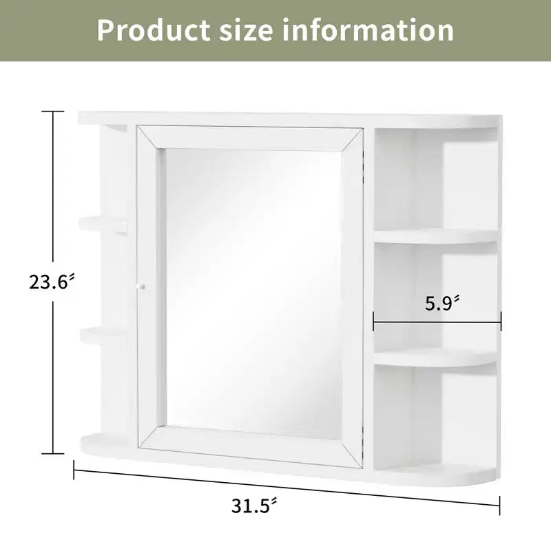 Mobiletto da bagno in legno con specchio 31,5 x 23,6, armadietto a muro con ante e 6 ripiani a giorno per lavabo, colore bianco
