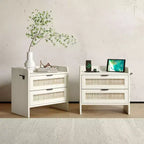 COZONY Wicker Nightstand with Type-C Charging Station, Boho Bedside Table with 2 Drawers for Bedroom