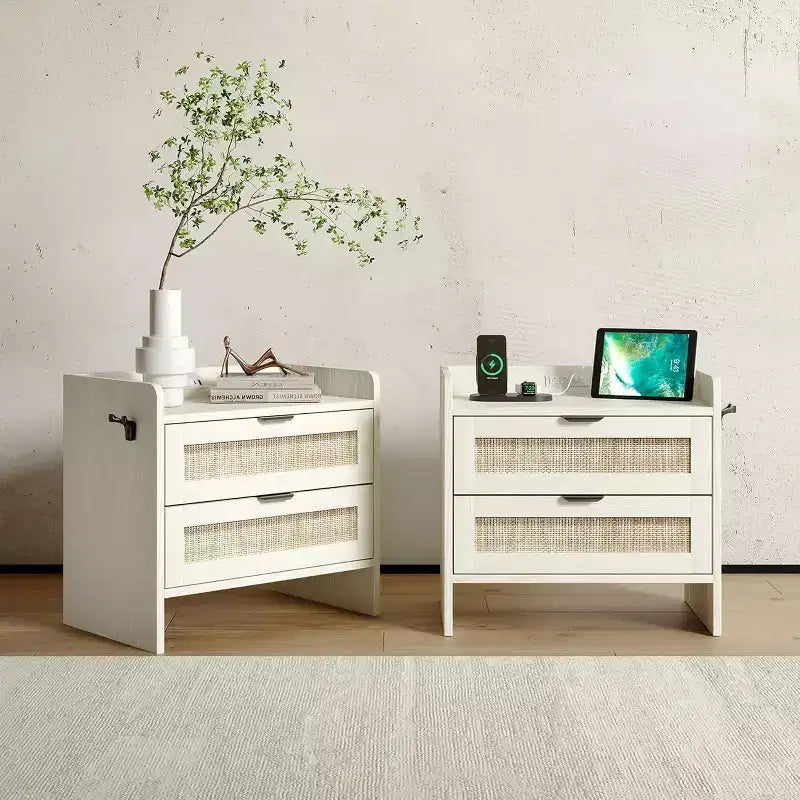 COZONY Wicker Nightstand with Type-C Charging Station, Boho Bedside Table with 2 Drawers for Bedroom