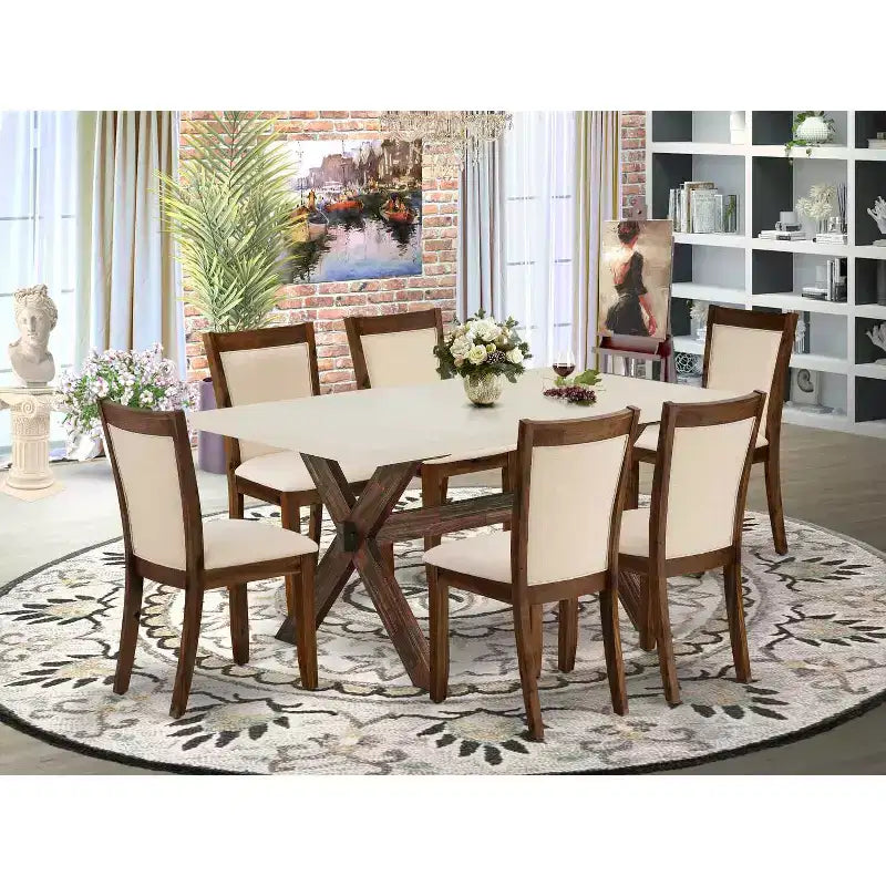 Tavolo da pranzo con piano in legno massello finitura anticata stile giacobino con 6 sedie