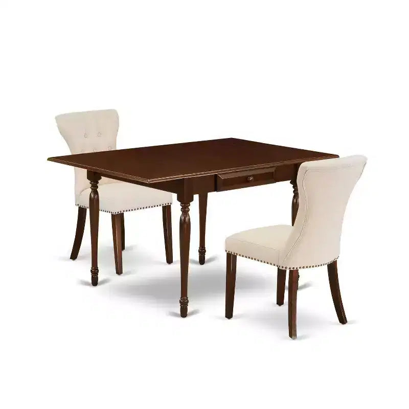 HomeStock 3-Pc Mahogany Finish Rectangular Solid Wood Top With Dropleaf Dining Table Set
