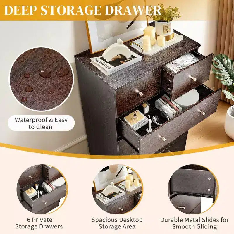 Comò Grande a 6 Cassetti per Camera da Letto e Cassettiera con Struttura Robusta in Legno, Organizer per Armadio, Marrone