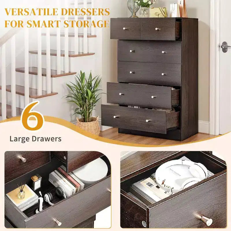 Comò Grande a 6 Cassetti per Camera da Letto e Cassettiera con Struttura Robusta in Legno, Organizer per Armadio, Marrone