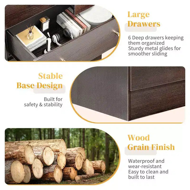 Comò Grande a 6 Cassetti per Camera da Letto e Cassettiera con Struttura Robusta in Legno, Organizer per Armadio, Marrone