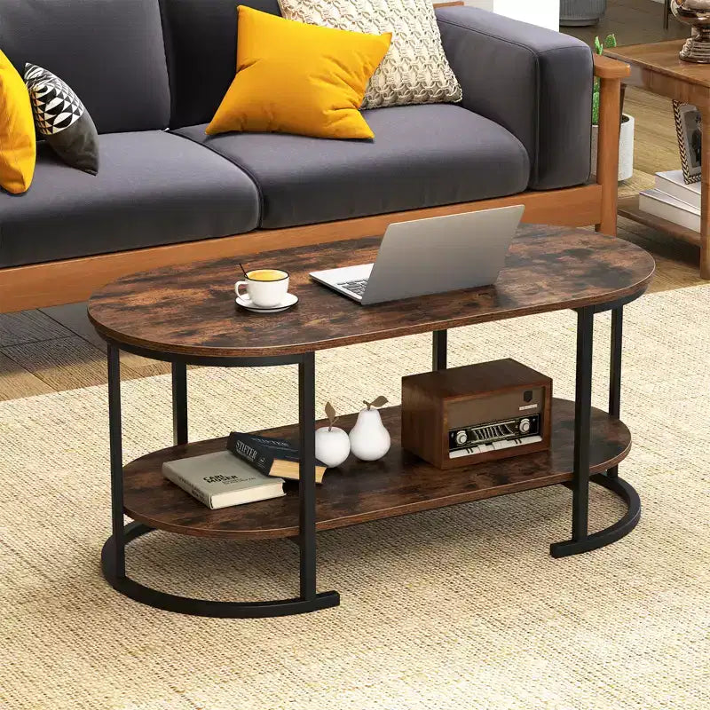 Tavolino da caffè ovale con gambe di supporto in metallo per appartamento, ufficio, reception, marrone rustico