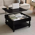 Okak Vintage Square 2-Tier Solid Wood Coffee Table with Dual Storage,Fluted Lift-Top Center Table for Living Room,Bedroom