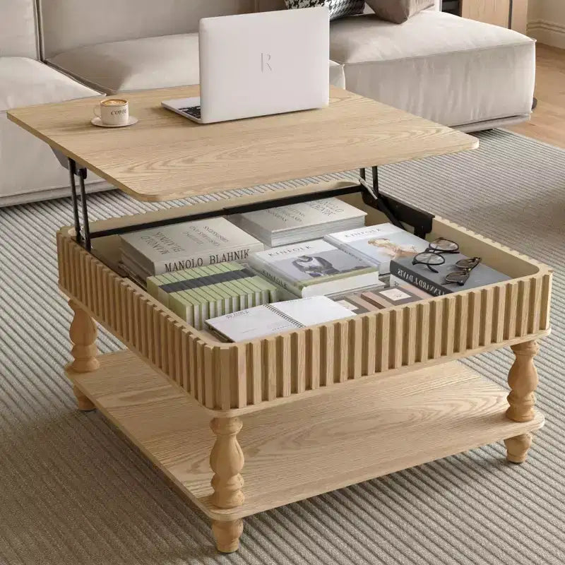 Tavolino da caffè quadrato Okak Vintage a 2 ripiani in legno massello con doppio vano portaoggetti, tavolino centrale con piano sollevabile scanalato per soggiorno, camera da letto