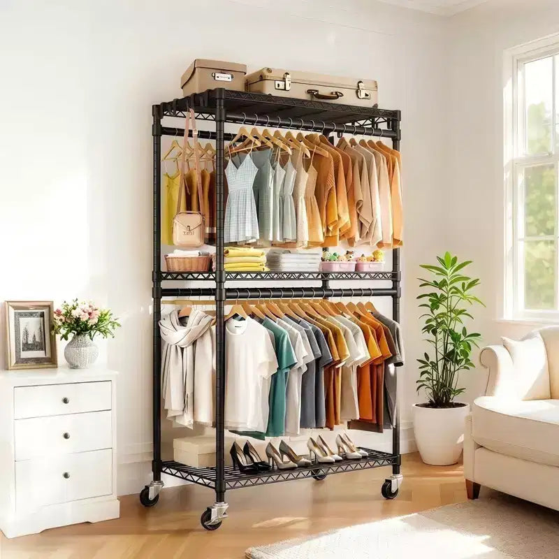Okak Rolling Heavy Duty Coat Rack with 3 Tiers Adjustable Wire, Industrain Hall Tree with 2 Clothes Rails and Side Hooks for Bedroom, Black