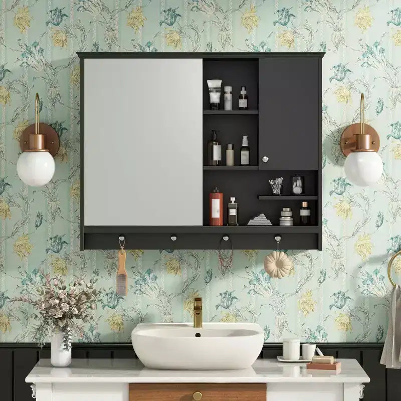 Mobiletto a specchio da parete da 36 pollici, armadietto da bagno con anta a specchio e ripiano regolabile per bagno, nero