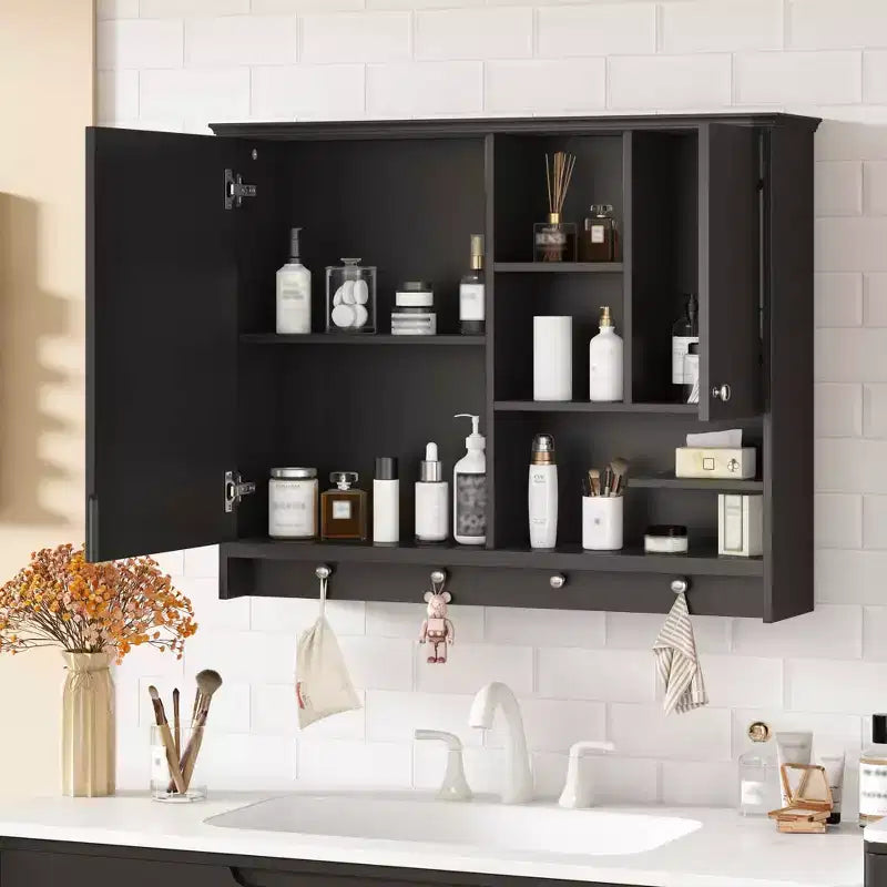 Mobiletto a specchio da parete da 36 pollici, armadietto da bagno con anta a specchio e ripiano regolabile per bagno, nero