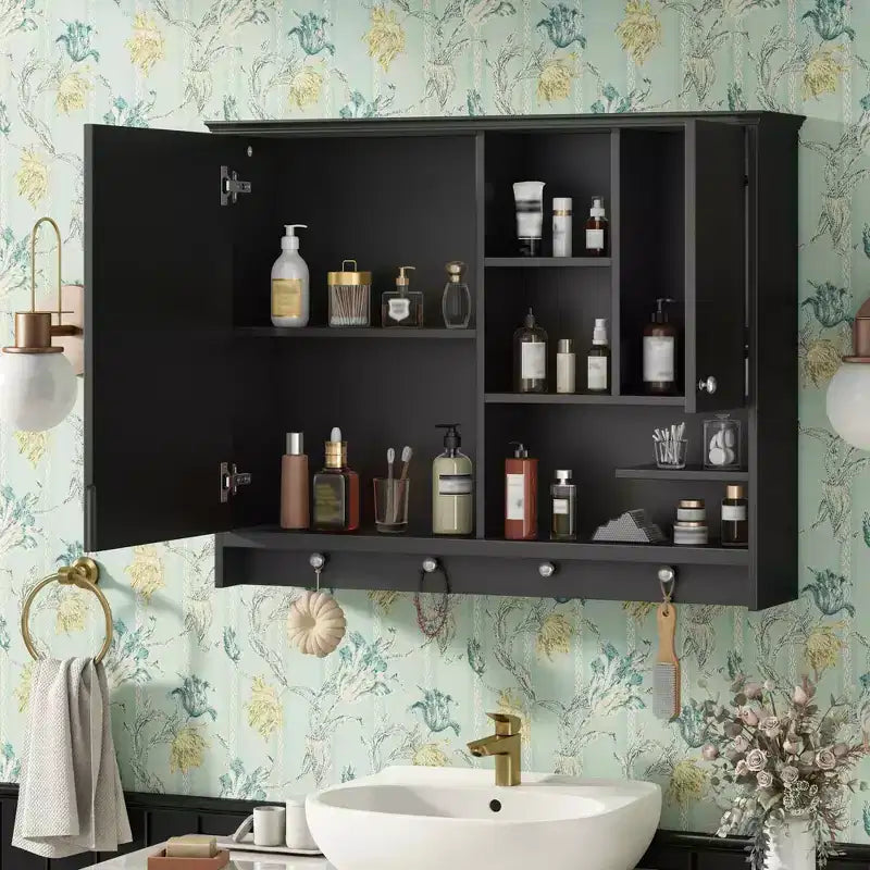 Mobiletto a specchio da parete da 36 pollici, armadietto da bagno con anta a specchio e ripiano regolabile per bagno, nero
