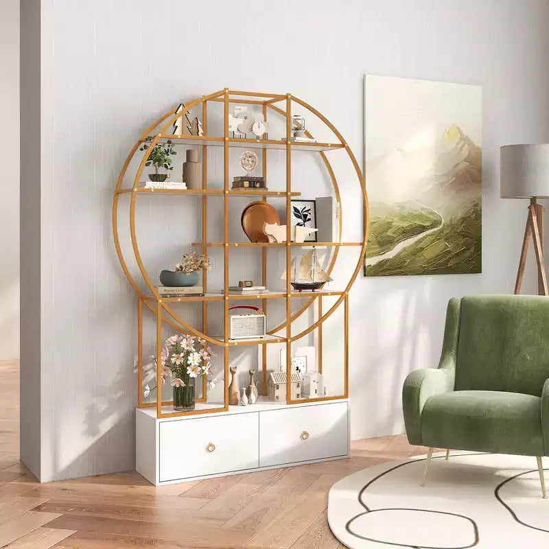 Libreria alta in metallo da 71 pollici a 6 ripiani dorata con 2 cassetti portaoggetti per ufficio domestico