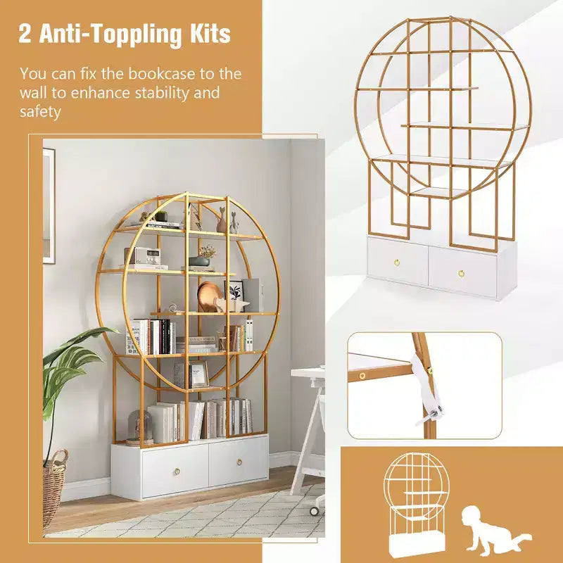 Libreria alta in metallo da 71 pollici a 6 ripiani dorata con 2 cassetti portaoggetti per ufficio domestico
