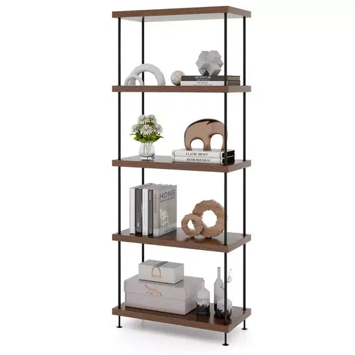 Costway 5-Tier Multipurpose Display Rack Freestanding Bookshelf w/ Metal Frame Walnut