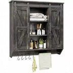 Farmhouse Cabinet 2 Sliding Barn Doors 3 Tier Rustic Wood Wall Storage Cabinet Adjustable Shelf Towel Bar Wall Mounted Bathroom