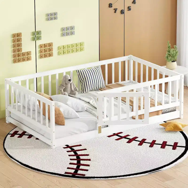 Letto basso a pavimento con recinzione di sicurezza e anta, doghe di supporto per bambini
