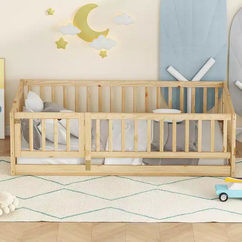 Zeus & Ruta Wood Floor Bed with Safety Fence & Door, Slat Support for Kids