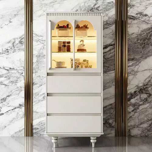 Gaoyangjiaju 56.88 Inch High White Pantry Cabinet with Arched Glass Doors and 3 Drawers Freestanding Kitchen Storage Organizer for Dining Living Room