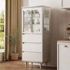 Dispensa da 56.88 pollici in altezza bianca con ante in vetro ad arco e 3 cassetti, mobile contenitore da cucina indipendente per sala da pranzo e soggiorno