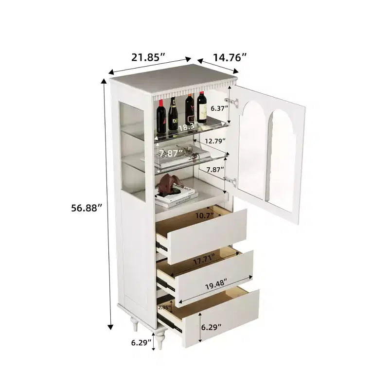 Dispensa da 56.88 pollici in altezza bianca con ante in vetro ad arco e 3 cassetti, mobile contenitore da cucina indipendente per sala da pranzo e soggiorno