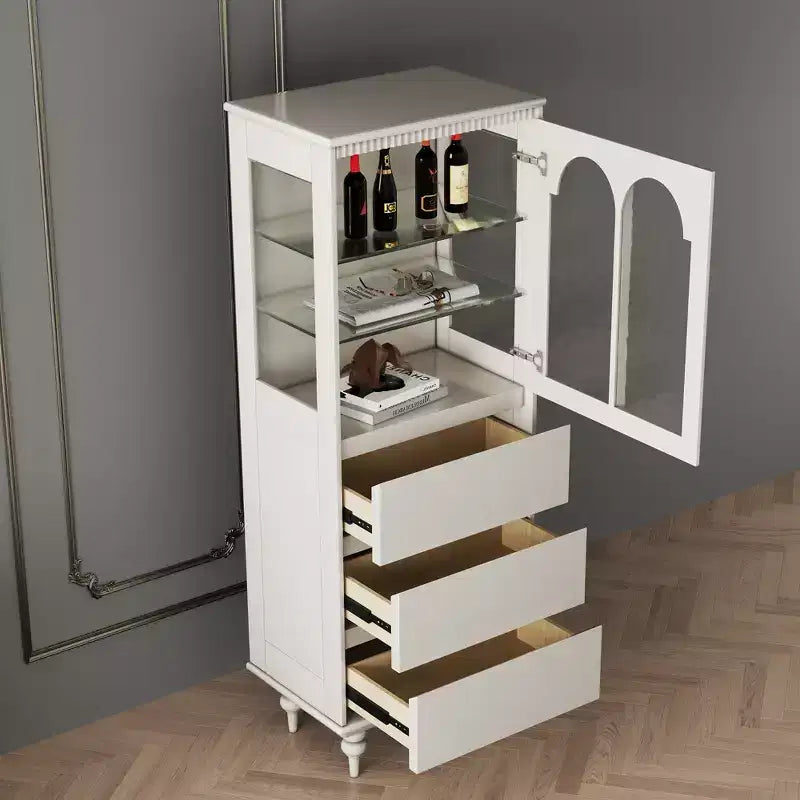 Dispensa da 56.88 pollici in altezza bianca con ante in vetro ad arco e 3 cassetti, mobile contenitore da cucina indipendente per sala da pranzo e soggiorno