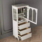 Dispensa da 56.88 pollici in altezza bianca con ante in vetro ad arco e 3 cassetti, mobile contenitore da cucina indipendente per sala da pranzo e soggiorno
