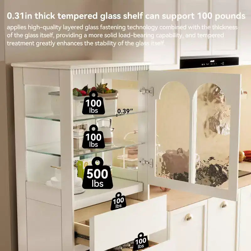 Dispensa da 56.88 pollici in altezza bianca con ante in vetro ad arco e 3 cassetti, mobile contenitore da cucina indipendente per sala da pranzo e soggiorno