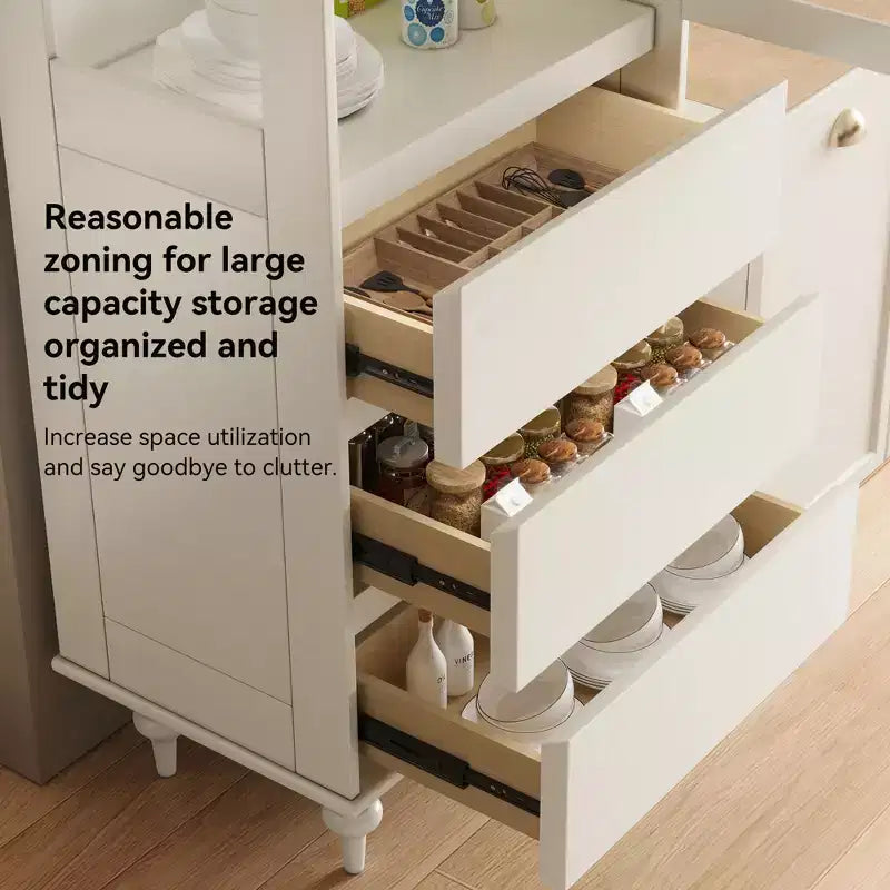 Dispensa da 56.88 pollici in altezza bianca con ante in vetro ad arco e 3 cassetti, mobile contenitore da cucina indipendente per sala da pranzo e soggiorno