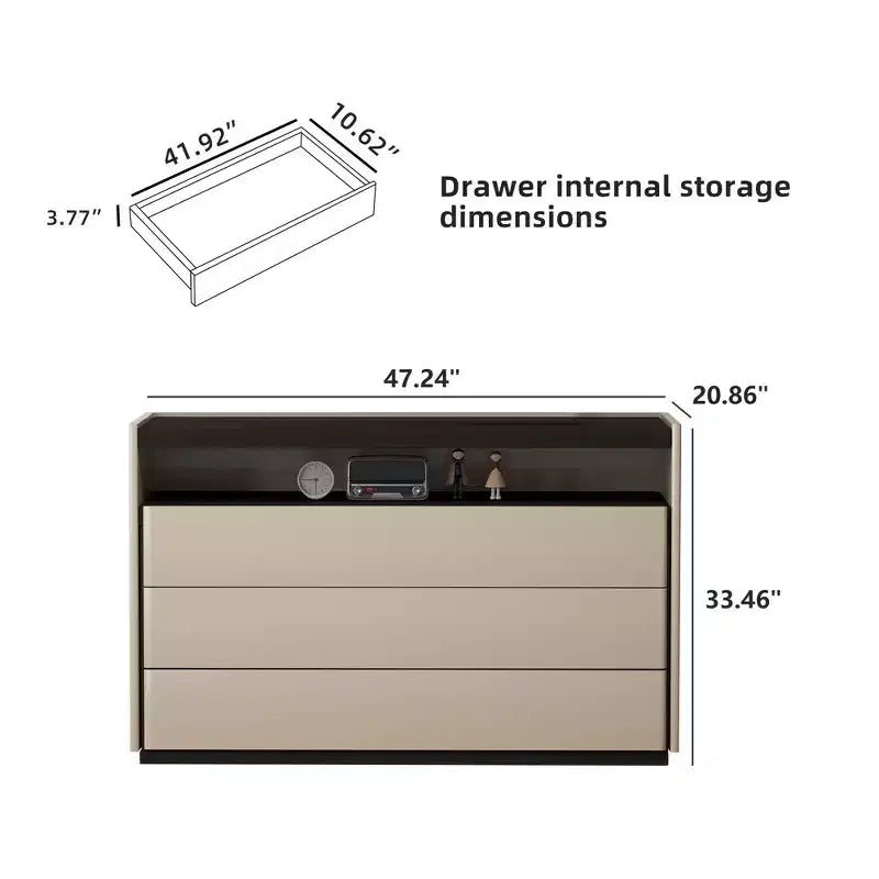 Cassettiera moderna a 3 cassetti da 120 cm con ripiano aperto per camera da letto, soggiorno, mobile console multimediale bicolore crema e legno scuro