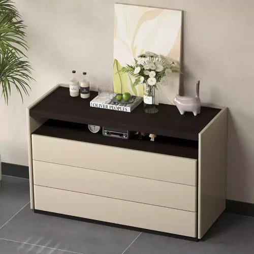 Cassettiera moderna a 3 cassetti da 120 cm con ripiano aperto per camera da letto, soggiorno, mobile console multimediale bicolore crema e legno scuro