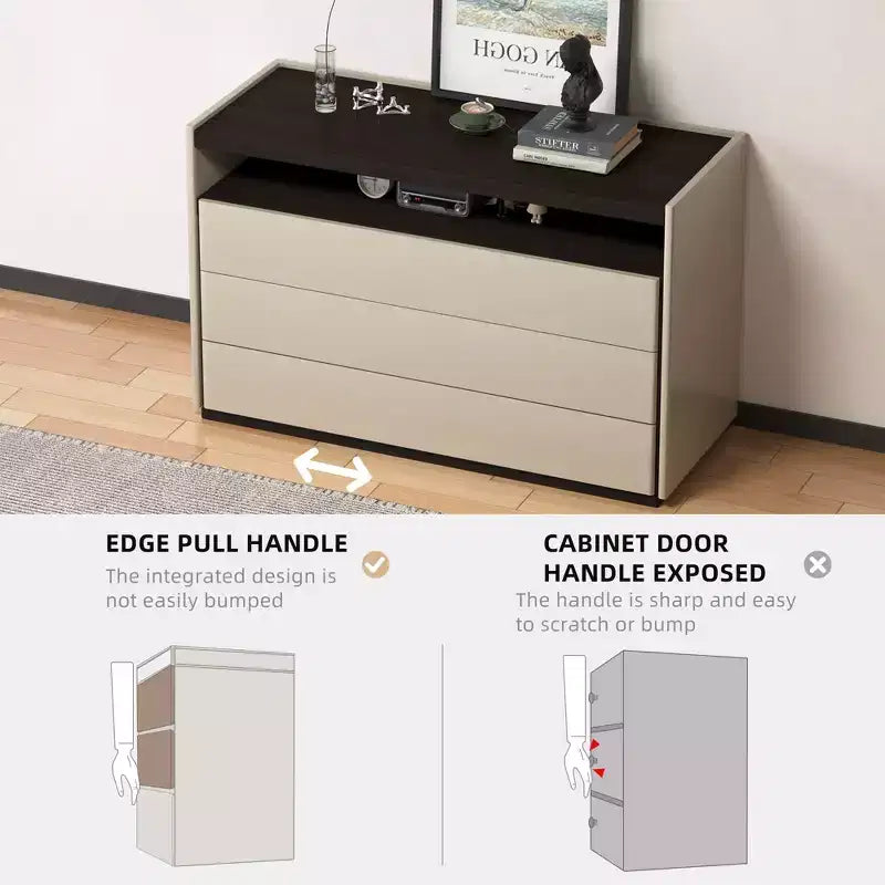 Cassettiera moderna a 3 cassetti da 120 cm con ripiano aperto per camera da letto, soggiorno, mobile console multimediale bicolore crema e legno scuro