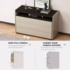 Cassettiera moderna a 3 cassetti da 120 cm con ripiano aperto per camera da letto, soggiorno, mobile console multimediale bicolore crema e legno scuro