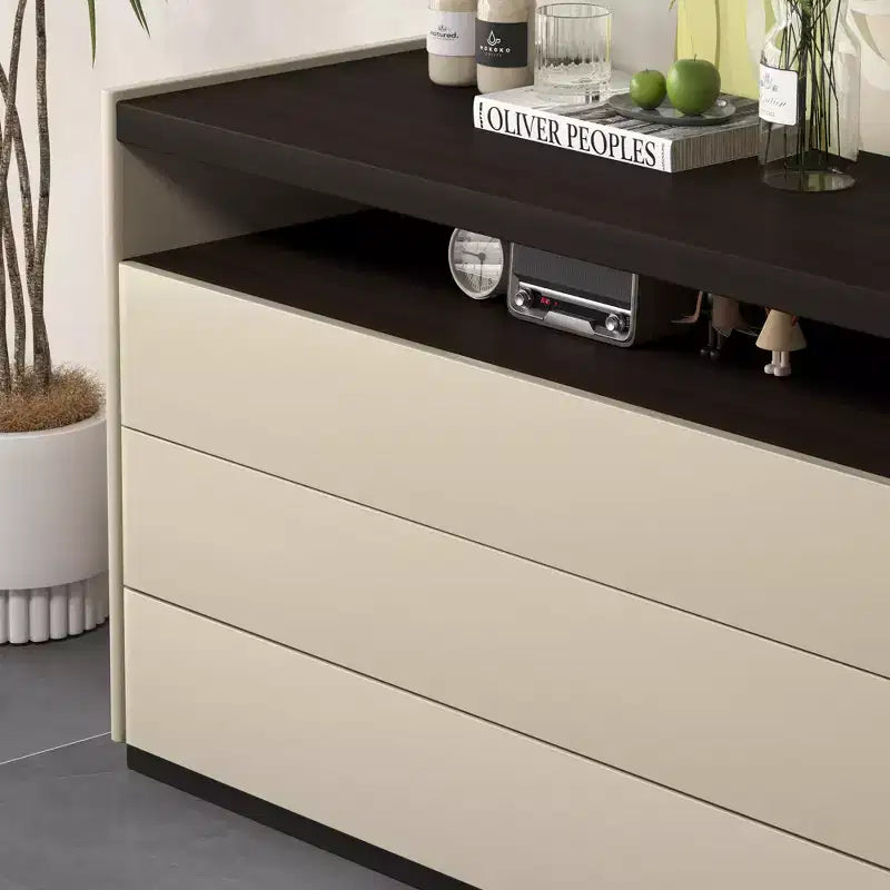Cassettiera moderna a 3 cassetti da 120 cm con ripiano aperto per camera da letto, soggiorno, mobile console multimediale bicolore crema e legno scuro
