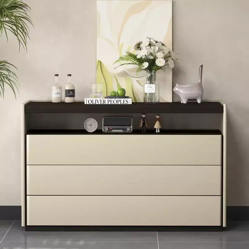 Cassettiera moderna a 3 cassetti da 120 cm con ripiano aperto per camera da letto, soggiorno, mobile console multimediale bicolore crema e legno scuro