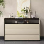 Cassettiera moderna a 3 cassetti da 120 cm con ripiano aperto per camera da letto, soggiorno, mobile console multimediale bicolore crema e legno scuro
