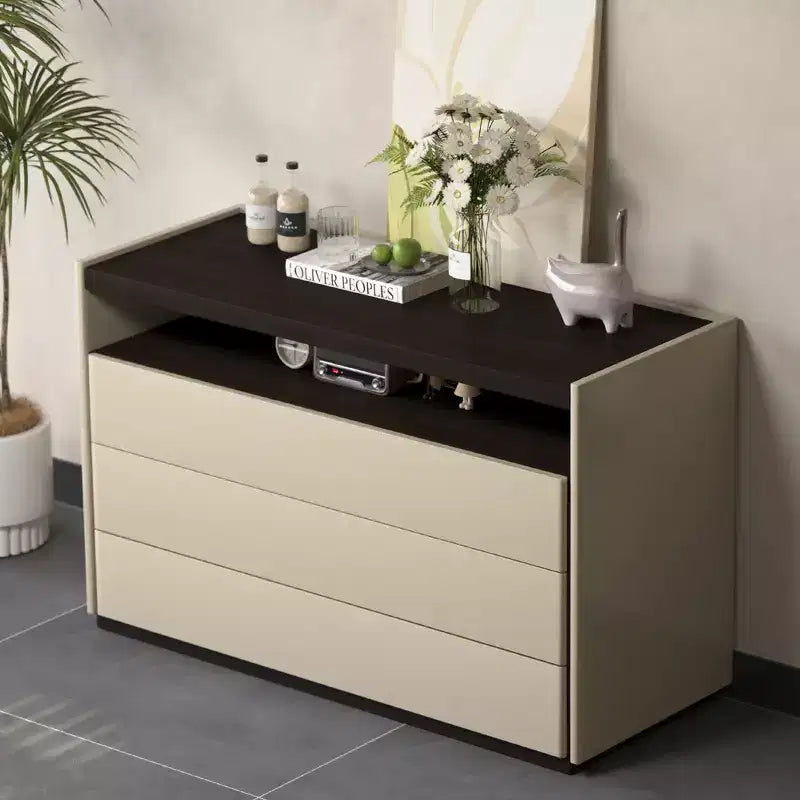 Cassettiera moderna a 3 cassetti da 120 cm con ripiano aperto per camera da letto, soggiorno, mobile console multimediale bicolore crema e legno scuro