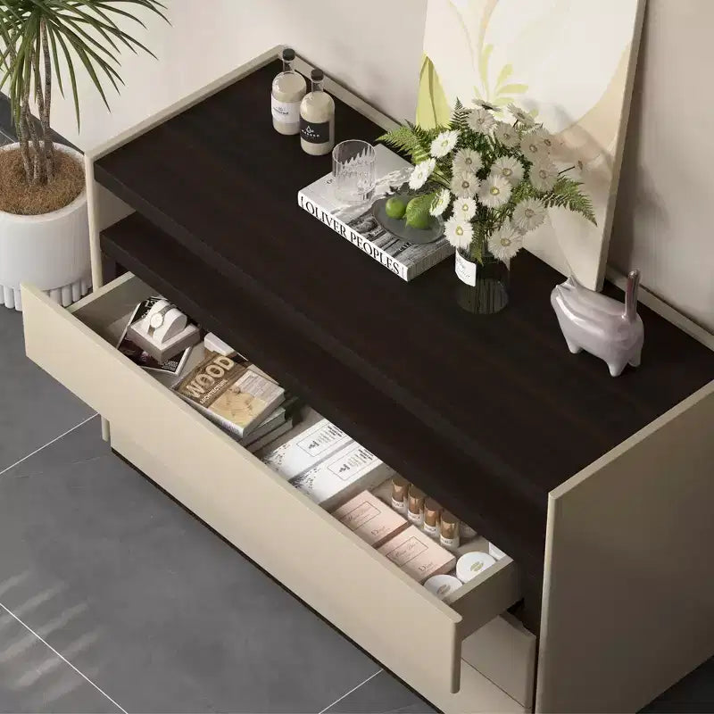 Cassettiera moderna a 3 cassetti da 120 cm con ripiano aperto per camera da letto, soggiorno, mobile console multimediale bicolore crema e legno scuro