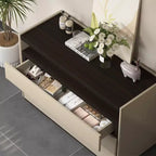 Cassettiera moderna a 3 cassetti da 120 cm con ripiano aperto per camera da letto, soggiorno, mobile console multimediale bicolore crema e legno scuro