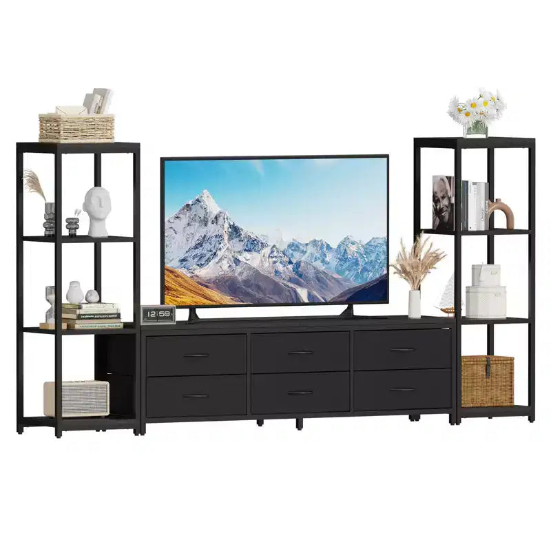 TV Stands Dresser with 6 Fabric Drawers, Large Entertainment Center with 2 Industrial 4-Tier Storage Shelves, Modern TV Console Cabinet