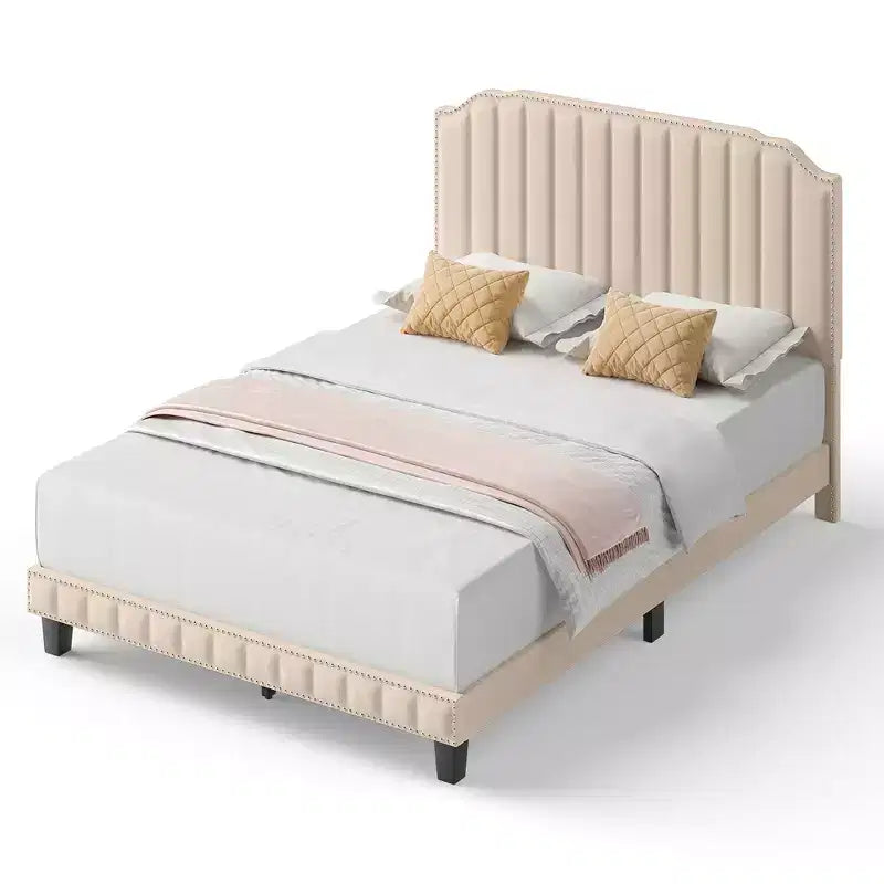 Costway Twin/Full/Queen Upholstered Bed Frame with linen fabric vertical lines Rivets headboard